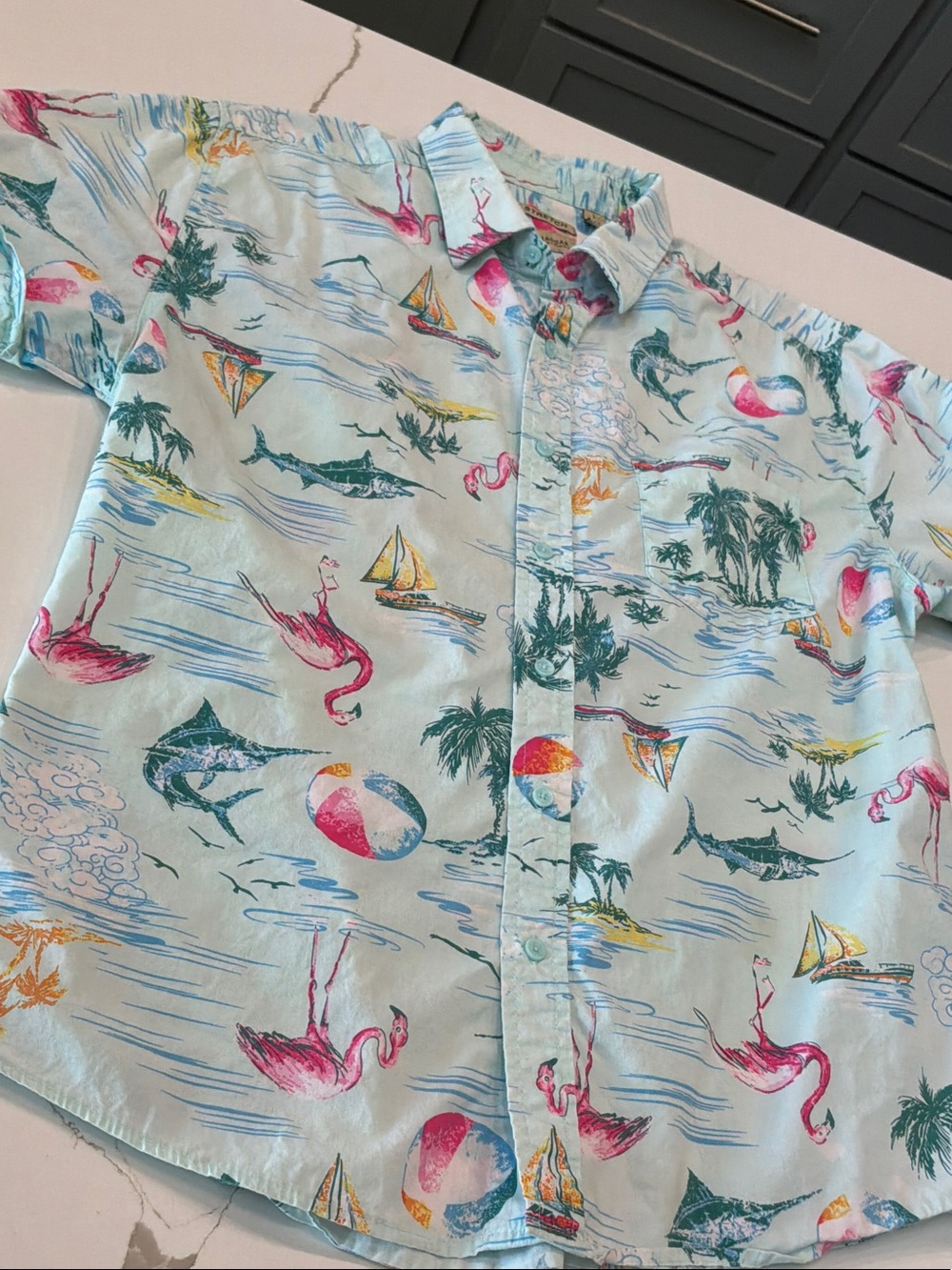 Haggar Large Beach Tropical Flamingo & Beach Ball Button-Up Shirt - Light Aqua